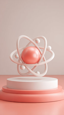A 3D rendered atom model atop a pink pedestal, symbolizing scientific concepts and innovation.の素材