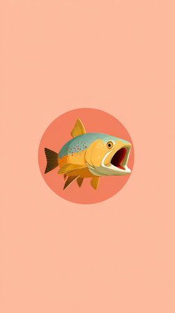 A cartoon fish illustration with an open mouth, set inside a peach-colored circle, on a peach background.の素材