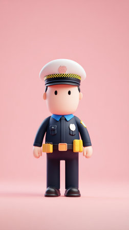 A cartoon police officer in uniform stands against a pink background, ready for duty.の素材