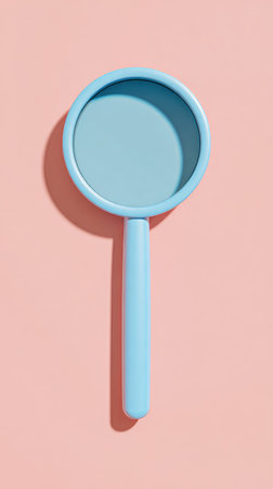 A light blue magnifying glass is placed on a pink surface, casting a shadow.の素材
