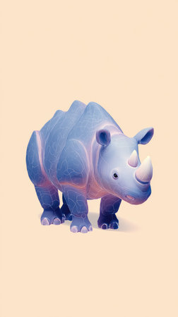 A charming illustration of a blue rhinoceros set against a soft peach backdrop.の素材