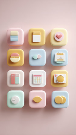A collection of app icons with various designs and colors, arranged on a soft pink backdrop.の素材
