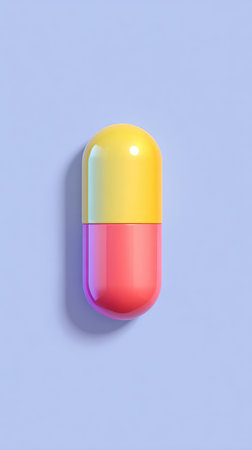 A vibrant capsule medicine with a gradient color scheme on a light blue backdrop.の素材