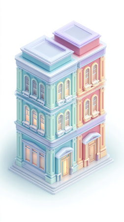 A vibrant illustration of a multi-story building with a pastel color palette, showcasing architectural details and design.の素材