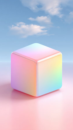 A vibrant, iridescent cube resting on a pink surface, set against a backdrop of a blue sky with fluffy clouds.の素材
