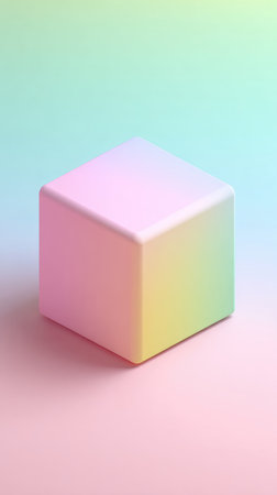 A vibrant cube, showcasing a gradient of colors, set against a soft, pastel background.の素材