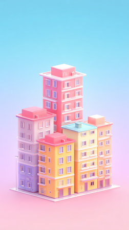 A vibrant illustration of pastel-colored buildings, creating a charming cityscape. Perfect for design and architectural projects.の素材