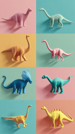 A collection of colorful dinosaur toys arranged on a pastel background.の素材