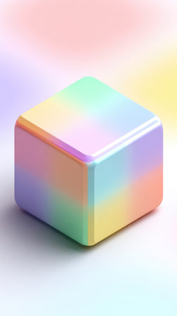 A close-up shot of a colorful cube, showcasing its smooth, reflective surface and gradient hues. The cube is the central focus, set against a soft, blurred background.の素材
