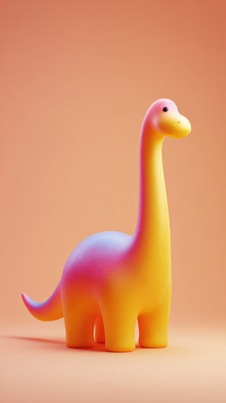 A vibrant toy dinosaur with a gradient color scheme against a warm orange backdrop.の素材