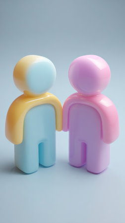 Two abstract figures, one yellow and blue, the other pink and purple, holding hands against a light blue background.の素材