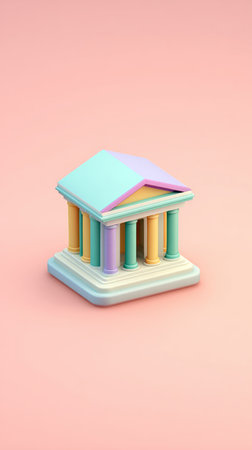 A vibrant 3D render of a classical building with pastel colors set against a soft pink backdrop.の素材