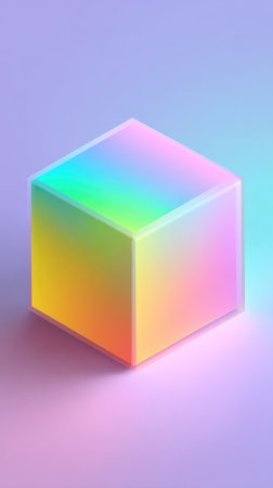 A vibrant, iridescent cube with a smooth gradient, casting soft shadows on a pastel background.の素材