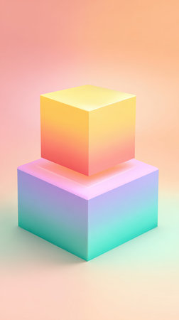 Two vibrant, gradient-colored cubes stacked against a soft, pastel background. A minimalist and abstract design.の素材