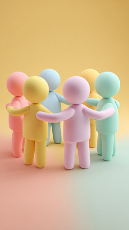 A group of pastel-colored figures standing in a circle, symbolizing community and connection.の素材