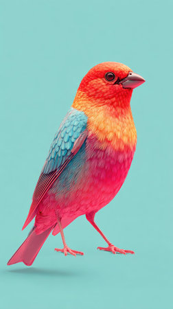 A vibrant bird with a mix of red, orange, and blue hues against a solid turquoise backdrop.の素材