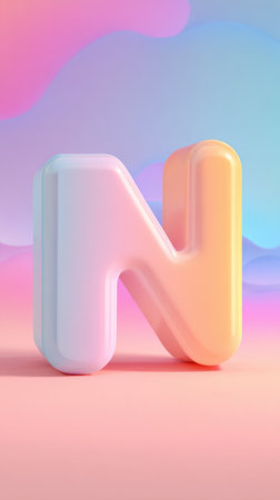 A vibrant 3D rendered letter N against a soft, pastel gradient background. Perfect for design projects.の素材