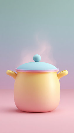 A cute, pastel-colored cooking pot with steam rising, set against a soft, gradient background. Perfect for culinary or food-related themes.の素材