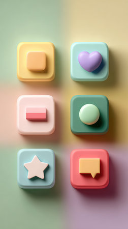 A collection of six colorful 3D icons on a pastel background, perfect for digital design and user interface elements.の素材
