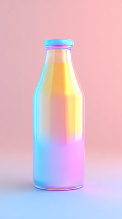 A vibrant bottle with a gradient of pastel colors, illuminated by soft lighting, creating a dreamy aesthetic.の素材