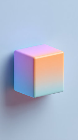 A vibrant, gradient-colored cube against a soft blue backdrop, creating a modern, minimalist aesthetic.の素材