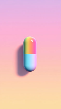 A visually appealing image of a colorful capsule, representing health, medicine, and well-being. Perfect for medical and pharmaceutical themes.の素材