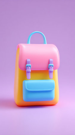A vibrant backpack with a playful design, featuring a mix of colors against a purple backdrop.の素材