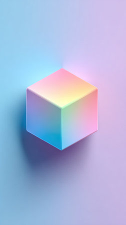 A vibrant, iridescent cube against a soft, gradient background. This image showcases a modern, minimalist aesthetic with a focus on color and form.の素材
