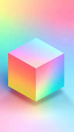 A vibrant, gradient-colored cube levitates against a soft, pastel-hued backdrop, creating a visually striking and modern composition.の素材