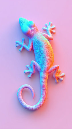 A vibrant, artistic rendering of a gecko sculpture, bathed in colorful light against a soft pink backdrop.の素材