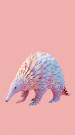 An echidna with colorful fur stands out against a pink background.の素材