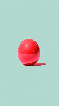 A bright red sphere casting a shadow against a light turquoise backdrop, minimalist composition.の素材
