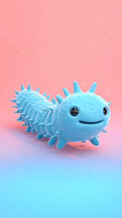 A blue axolotl toy is placed on a gradient background of pink and blue.の素材