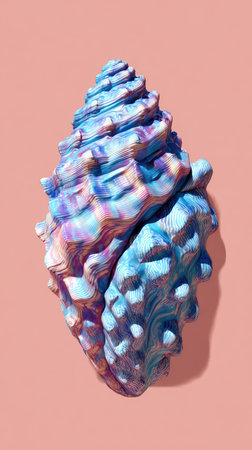 A close-up of a beautifully colored seashell against a soft pink background, showcasing its intricate details and textures.の素材