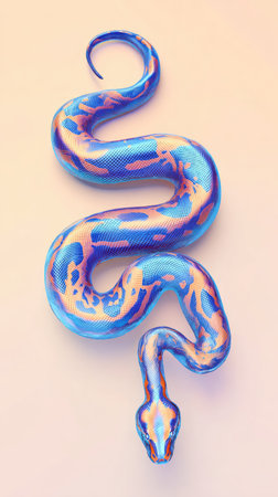 A stunning illustration of a blue snake with iridescent highlights, set against a soft, neutral backdrop. The snakes form is gracefully curved, showcasing its detailed texture and captivating colors.の素材