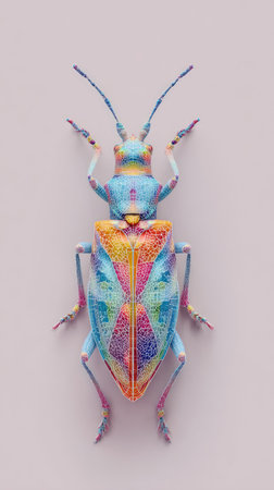 A stunning macro shot of a vividly colored insect, showcasing intricate details and a spectrum of hues.の素材