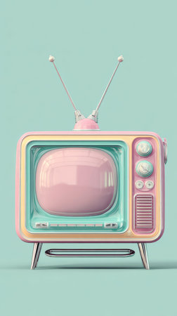 A retro television with a pastel color scheme, featuring antennas and a charming design.の素材