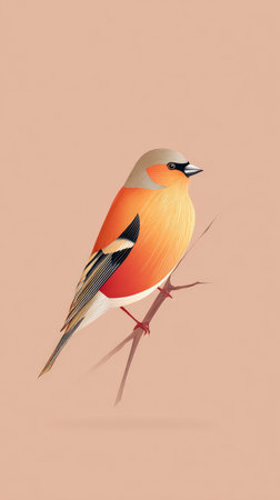 A colorful bird with orange and gray plumage rests on a twig, set against a soft peach backdrop.の素材
