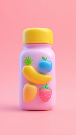 A pink vitamins bottle with fruit illustrations, perfect for health and wellness themes.の素材