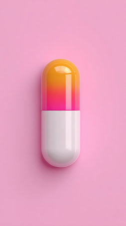 A close-up shot of a colorful capsule medicine on a pink background, perfect for medical or pharmaceutical themes.の素材