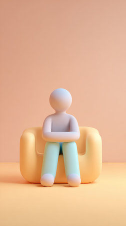 A minimalist illustration of a person sitting on a couch, with arms crossed, in a pastel-colored room.の素材