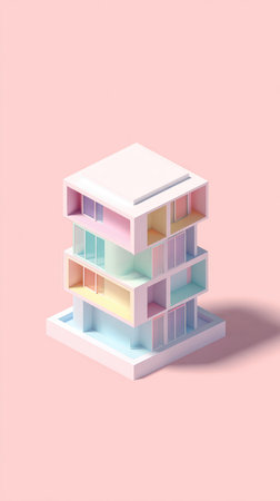 A modern architectural structure with pastel colors and a clean design. The building has multiple levels and a minimalist aesthetic.の素材