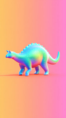 A vibrant dinosaur sculpture against a gradient of orange and pink.の素材