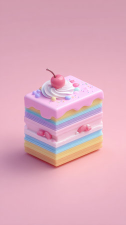 A vibrant cube cake with layers of rainbow colors, topped with whipped cream and a cherry, perfect for celebrations.の素材