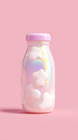 A cute glass bottle filled with pastel-colored marshmallows on a pink background.の素材