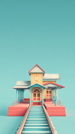A vibrant illustration of a house with a staircase leading to the entrance, set against a turquoise backdrop.の素材