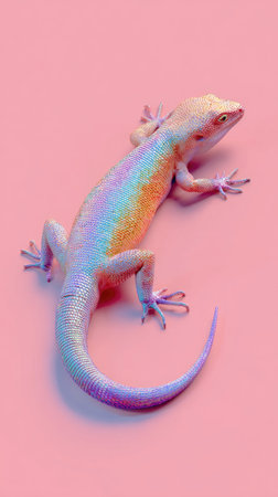 A stunning image of a colorful lizard against a soft pink backdrop, showcasing its unique hues and textures.の素材