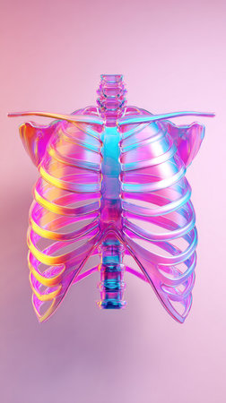 A vibrant illustration of a human rib cage with a colorful, iridescent effect against a soft pink backdrop.の素材