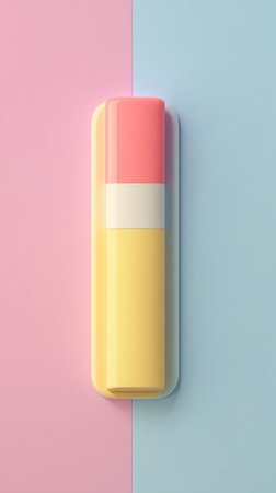 A vibrant lipstick tube with a pink, white, and yellow design, set against a two-tone pink and blue backdrop.の素材
