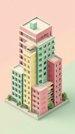 An isometric illustration of colorful city buildings on a pastel background, perfect for design projects.の素材